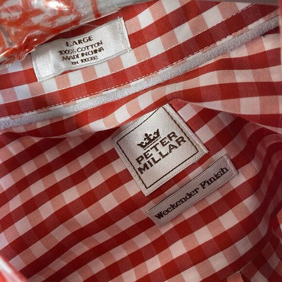 Peter Millar Dress Shirt Red Gingham Plaid Button Men Large Weekender Finish - Picture 12 of 13